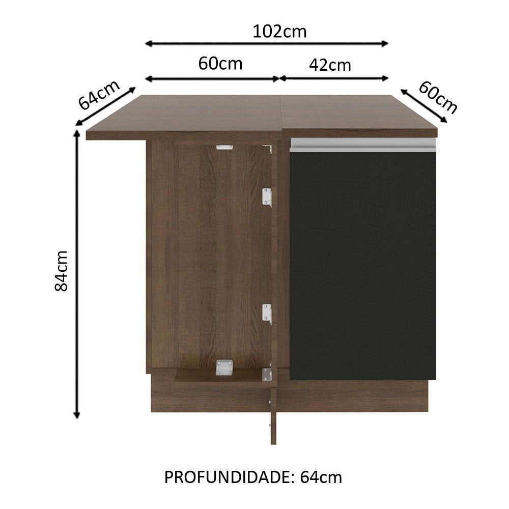 Gabinete Bajo de Esquina de Cocina 60 de Profundidad con 1 Puerta (Con Encimera) Glamy Marrón/Negro