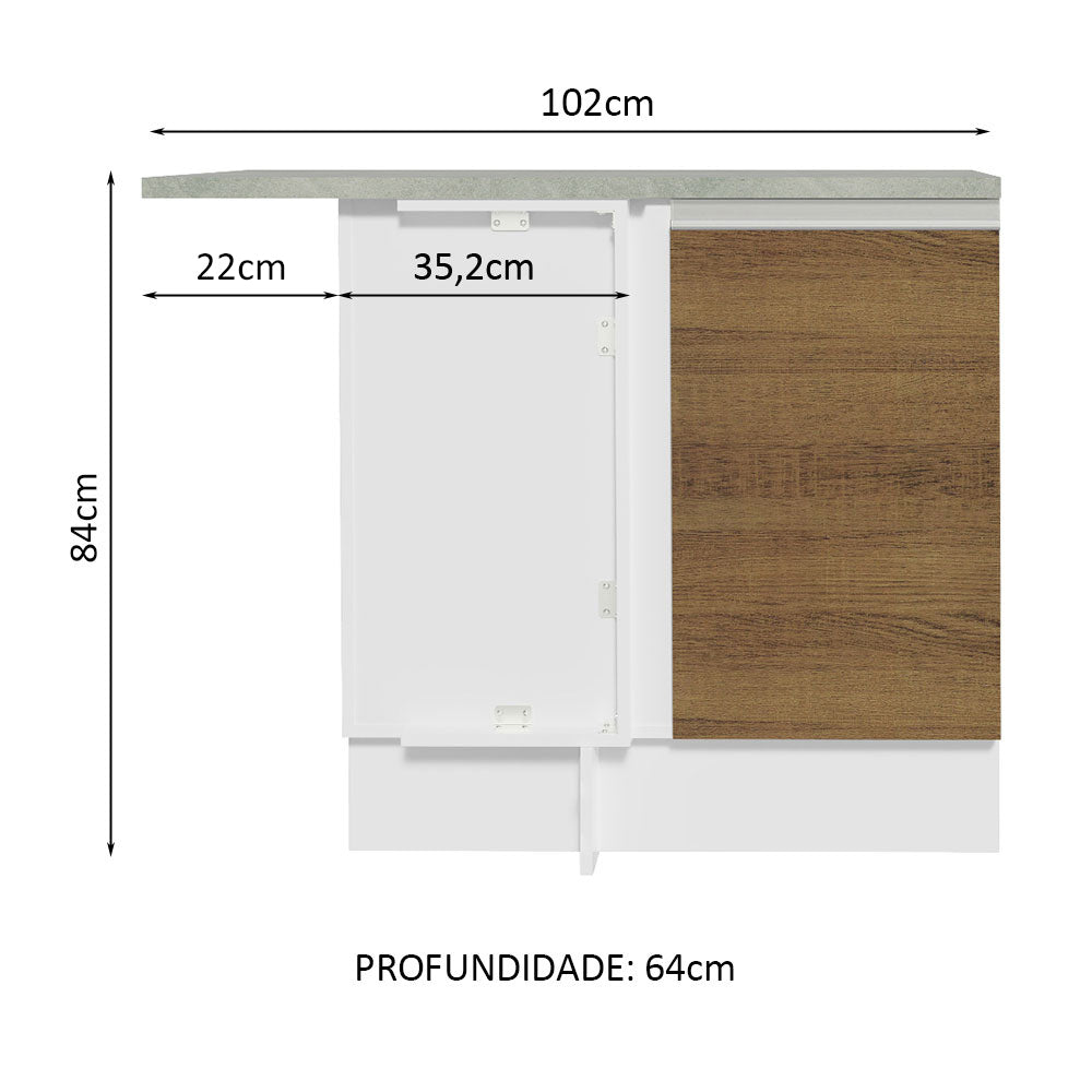 Gabinete Bajo de Esquina de Cocina 60 de Profundidad con 1 Puerta (Con Encimera) Glamy Blanco