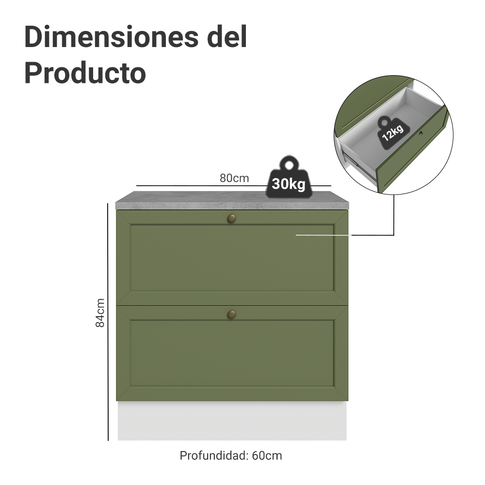 Gabinete Bajo de Cocina 80 x 60 cm 2 Cajones (Con Encimera) Blanco/Verde Vik Madesa
