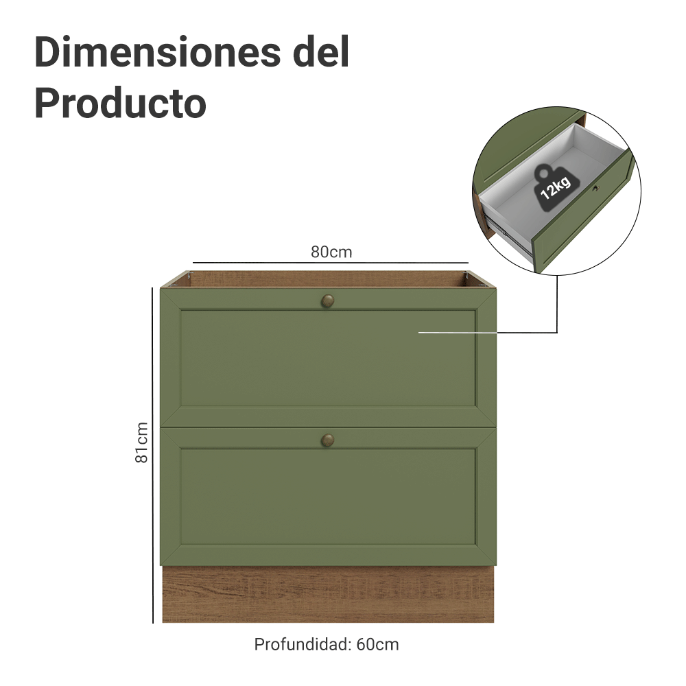 Gabinete Bajo de Cocina 80 x 60 cm 2 Cajones (Sin encimera) Marrón/Verde Vik Madesa