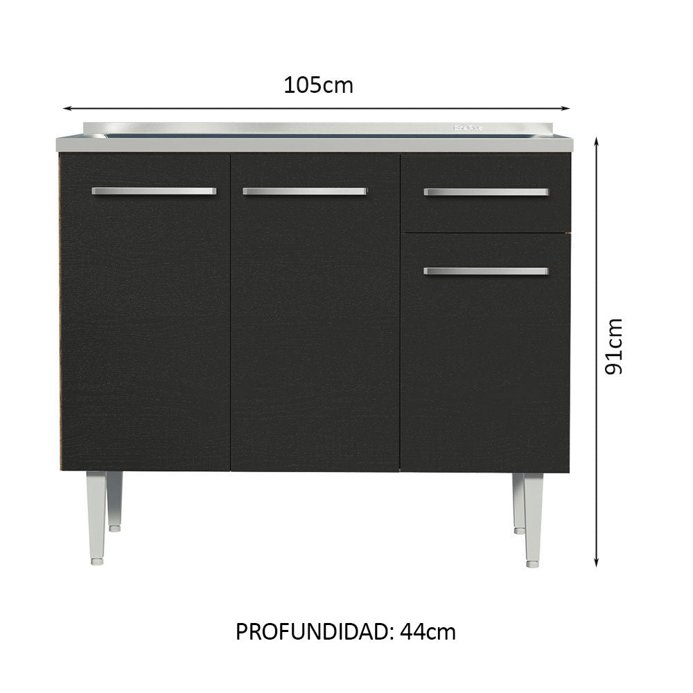 Mueble de Cocina 3 Puertas y 1 Cajón 105cm con Fregadero Marrón/Negro Emilly