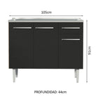 Gabinete Bajo 105 cm 3 Puertas 1 Cajón con Fregadero Marrón/Negro Emilly Madesa