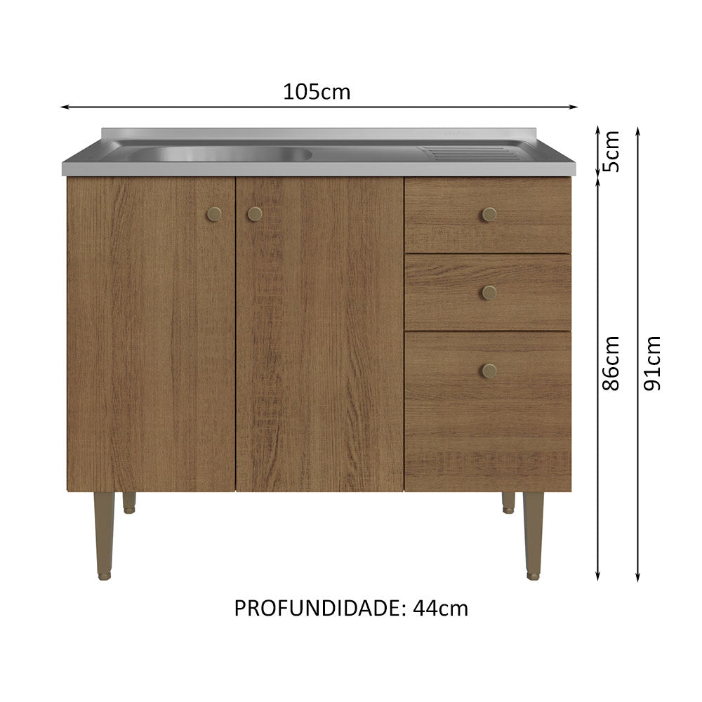 Gabinete Bajo 105 cm 3 Puertas 2 Cajones con Fregadero Marrón Gourmet Madesa