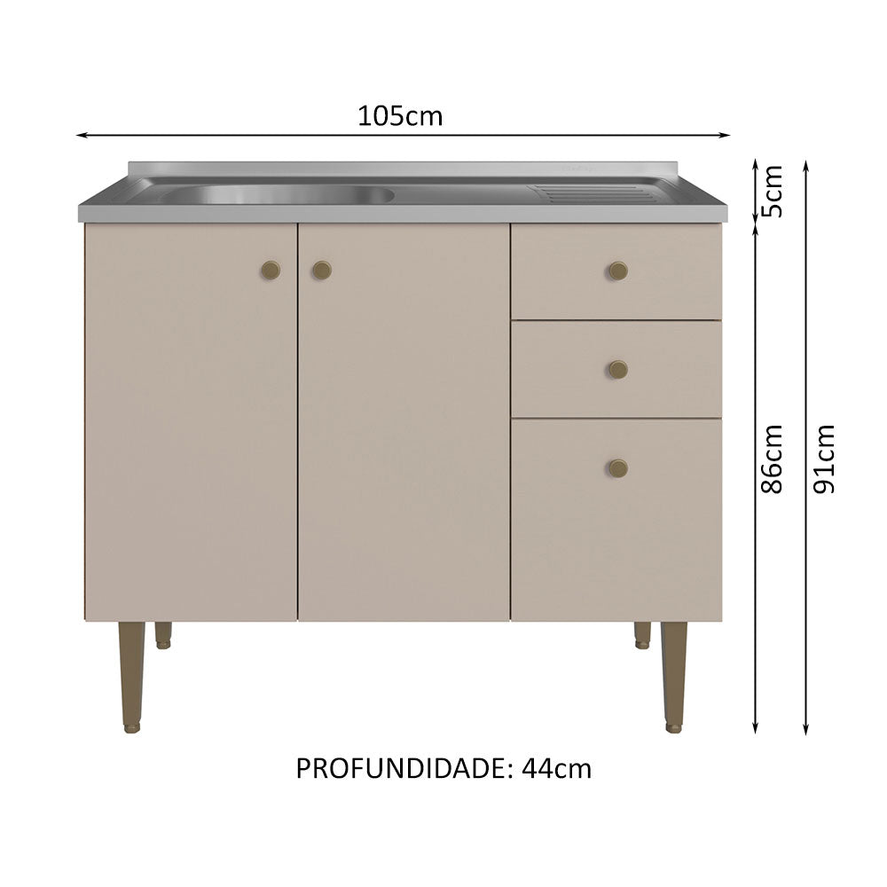 Gabinete Bajo 105 cm 3 Puertas 2 Cajones con Fregadero Marrón/Crema Gourmet Madesa