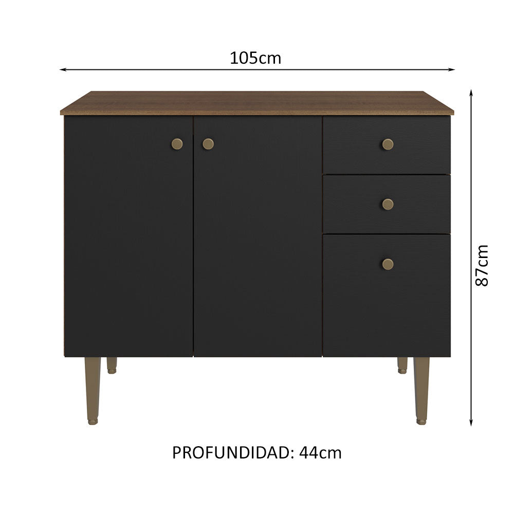 Gabinete Bajo para Fregadero 105 cm 3 Puertas 2 Cajones Marrón/Negro Gourmet Madesa