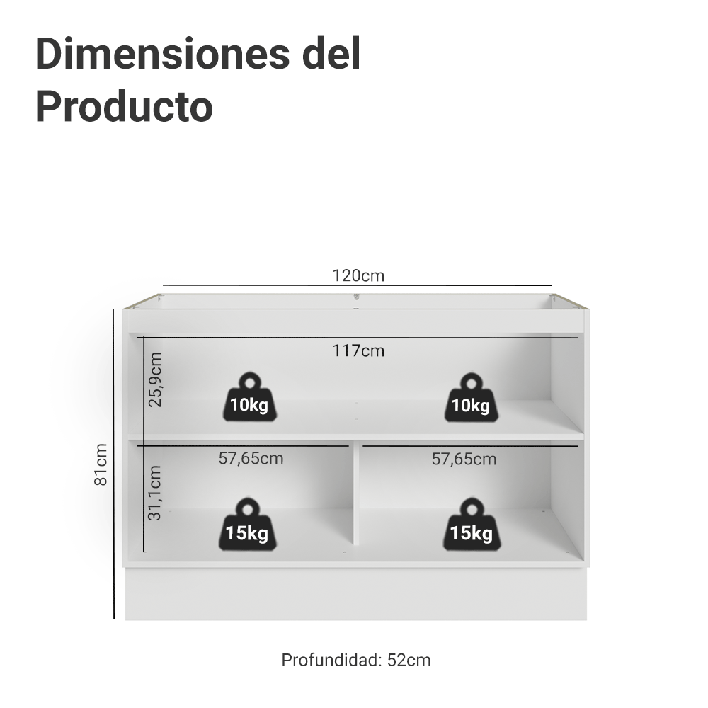 Gabinete Bajo para Fregadero 120 cm 2 Puertas (Sin Encimera) Blanco/Negro Lux Madesa