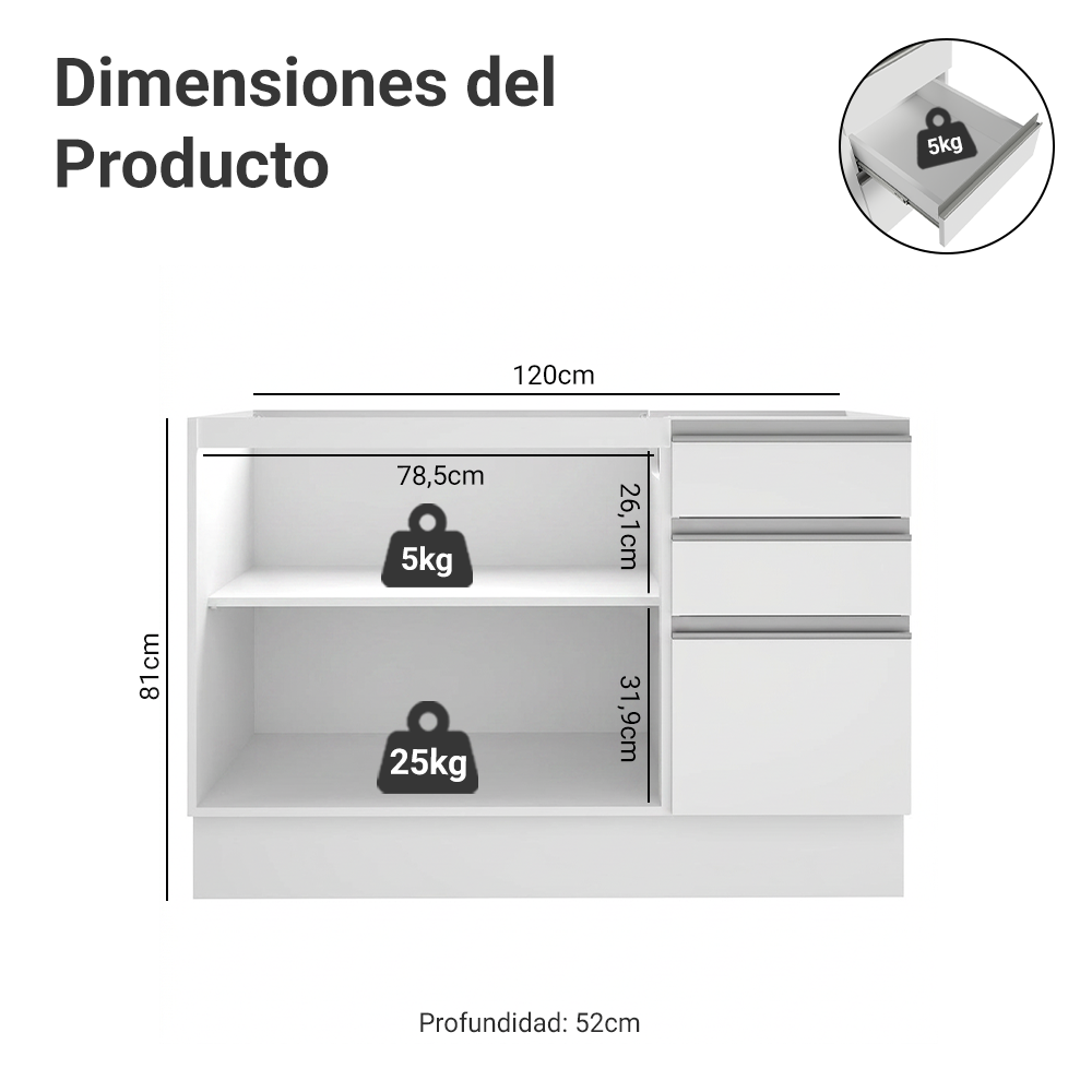 Gabinete Bajo para Fregadero 120 cm 3 Cajones 2 Puertas Glamy Blanco