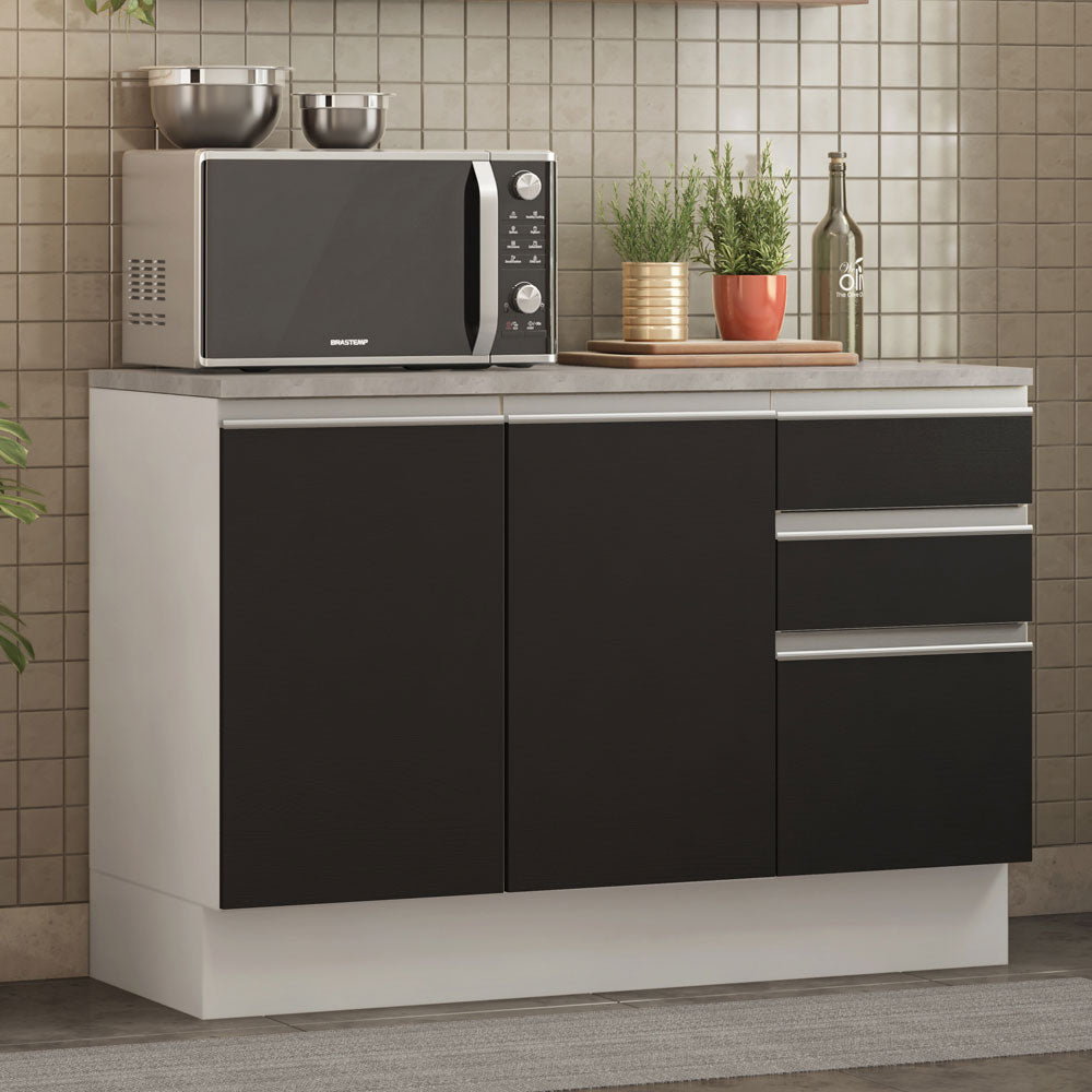 Gabinete Bajo para Fregadero 120 cm 2 Puertas 3 Cajones (Con Encimera) Glamy Blanco/Negro