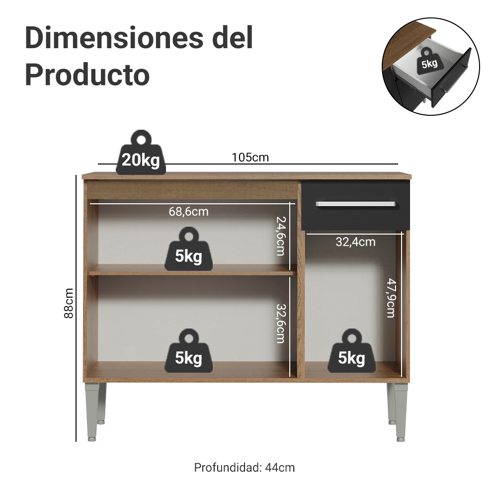 Mueble de Cocina para Fregadero 3 Puertas y 1 Cajón Marrón/Negro Emilly