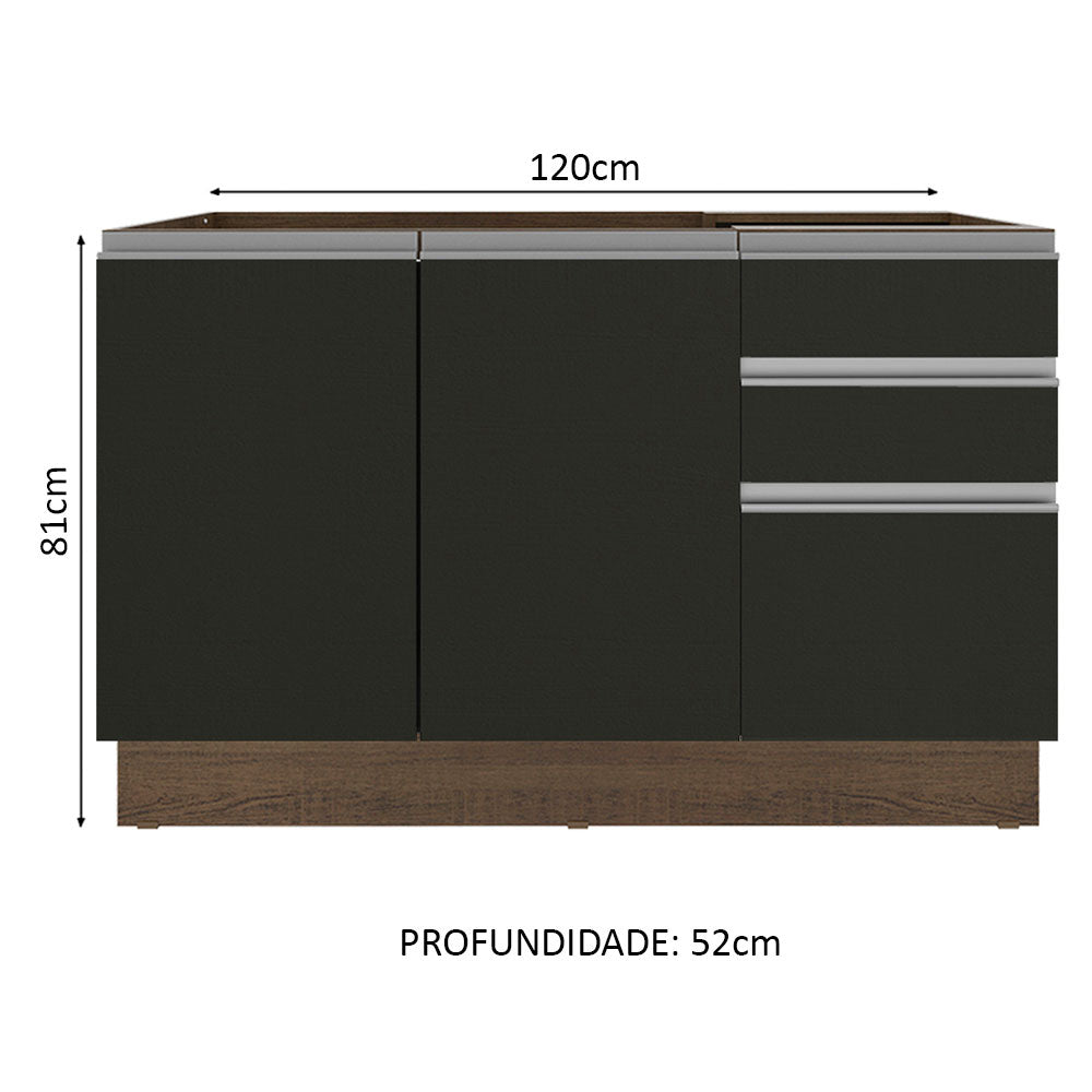 Gabinete Bajo para Fregadero 120 cm 2 Puertas 3 Cajones (Sin Encimera) Glamy Marrón/Negro