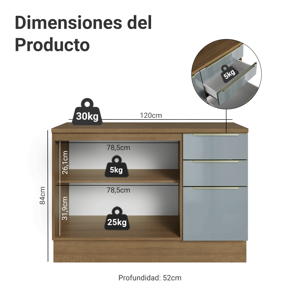 Gabinete Bajo de Cocina 120 cm 2 Puertas 3 Cajones Marrón/Gris Lux Madesa