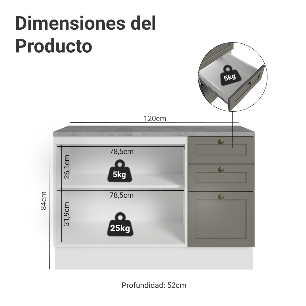 Gabinete Bajo para Fregadero 120 cm 2 Puertas 3 Cajones Blanco/Gris Vik Madesa