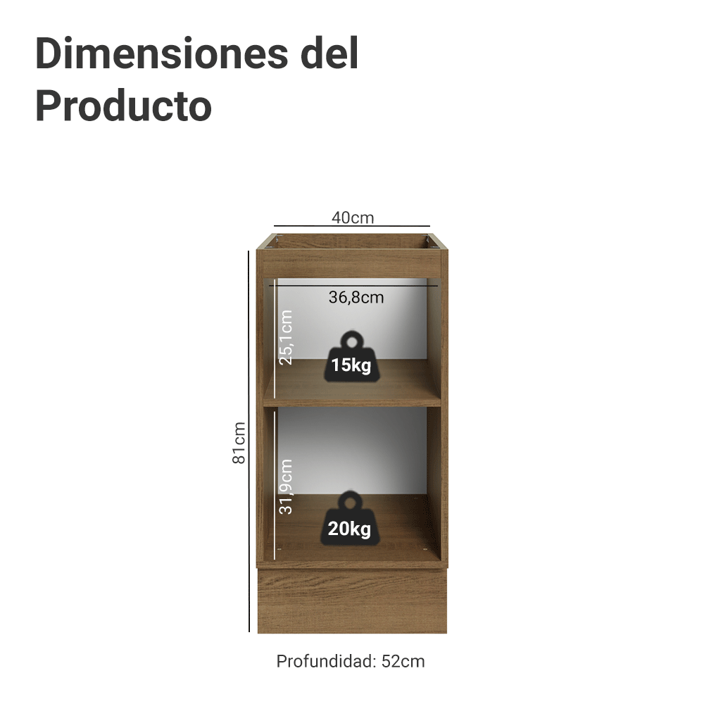 Gabinete Bajo de Cocina 40 cm 1 Puerta (Sin Encimera) Marrón/Gris Lux Madesa