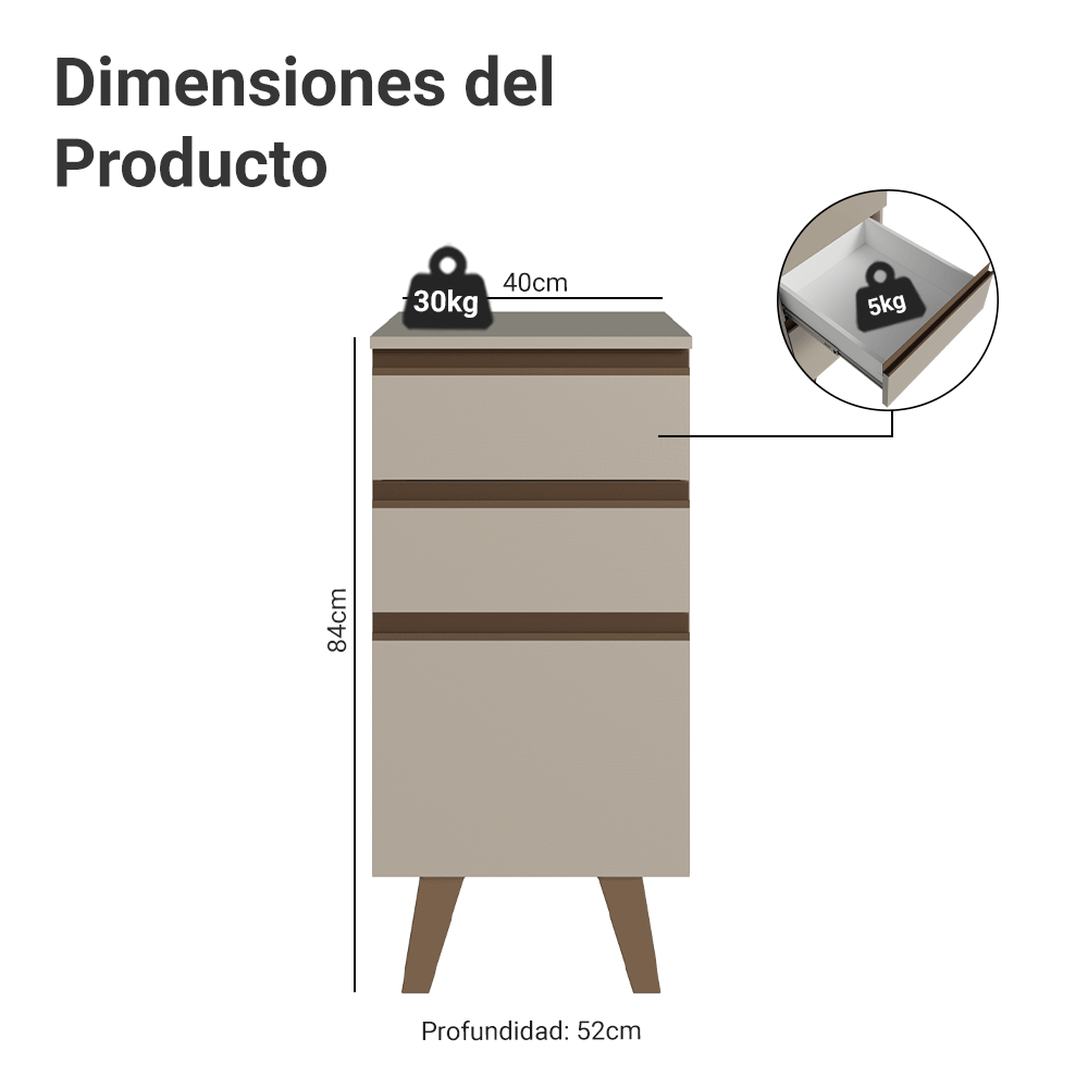 Gabinete Bajo 40 x 52 cm 3 Cajones con Patas Crema Nice Madesa