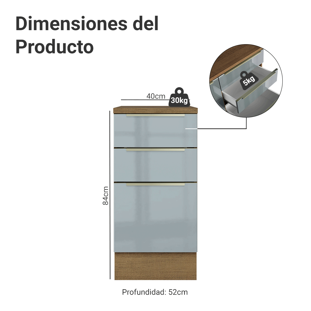 Gabinete Bajo de Cocina 40 cm 3 Cajones Marrón/Gris Lux Madesa