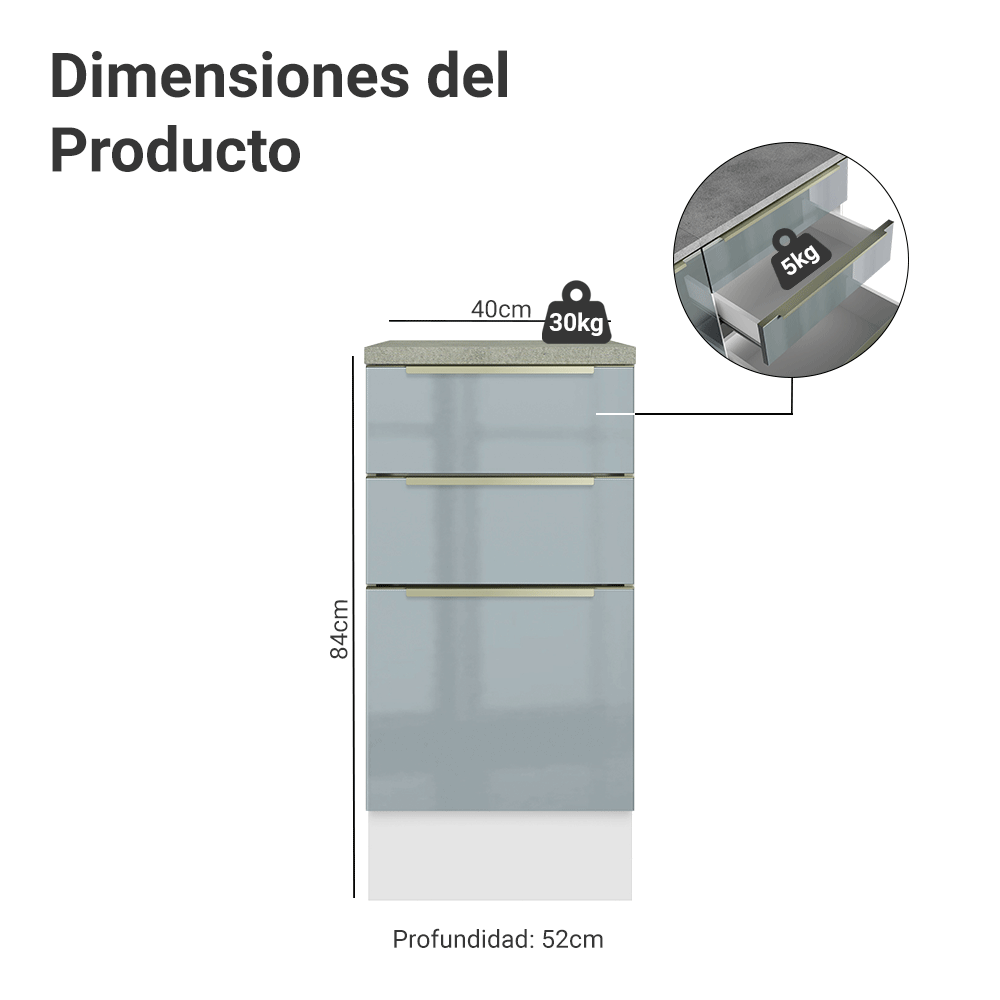 Gabinete Bajo de Cocina 40 cm 3 Cajones Blanco/Gris Lux Madesa
