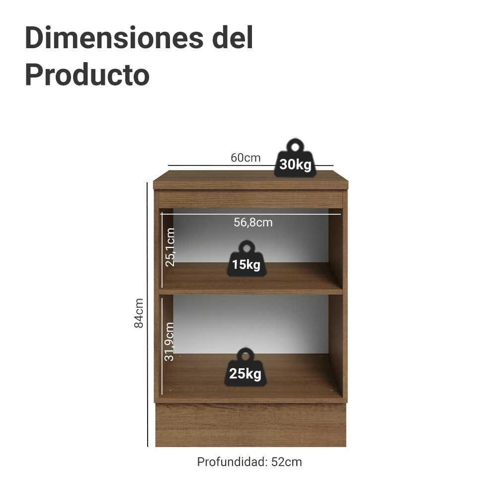 Gabinete Bajo de Cocina 60 cm 1 Puerta Marrón/Gris Vik Madesa