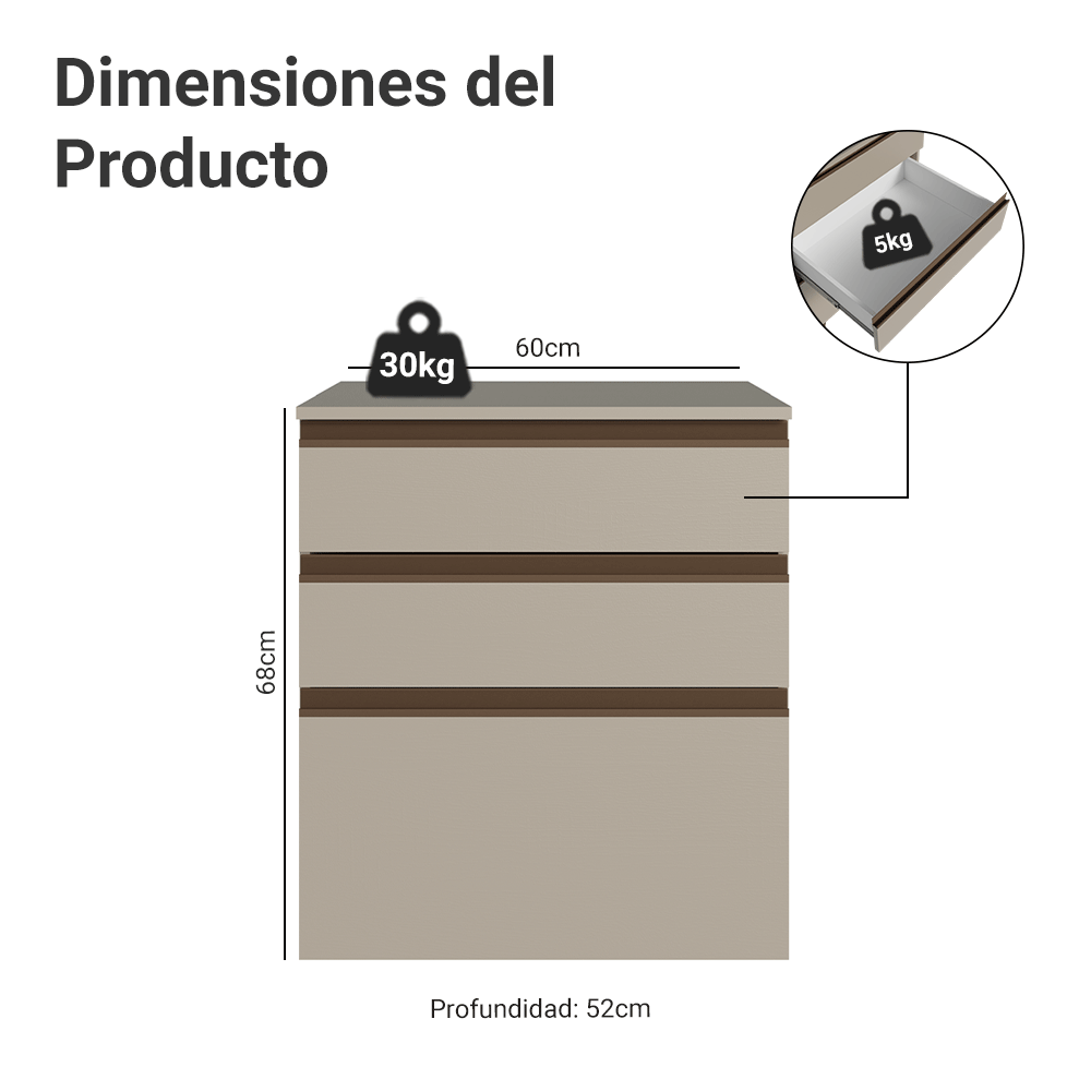 Gabinete Bajo 60 cm 3 Cajones Sin Patas Nice Crema