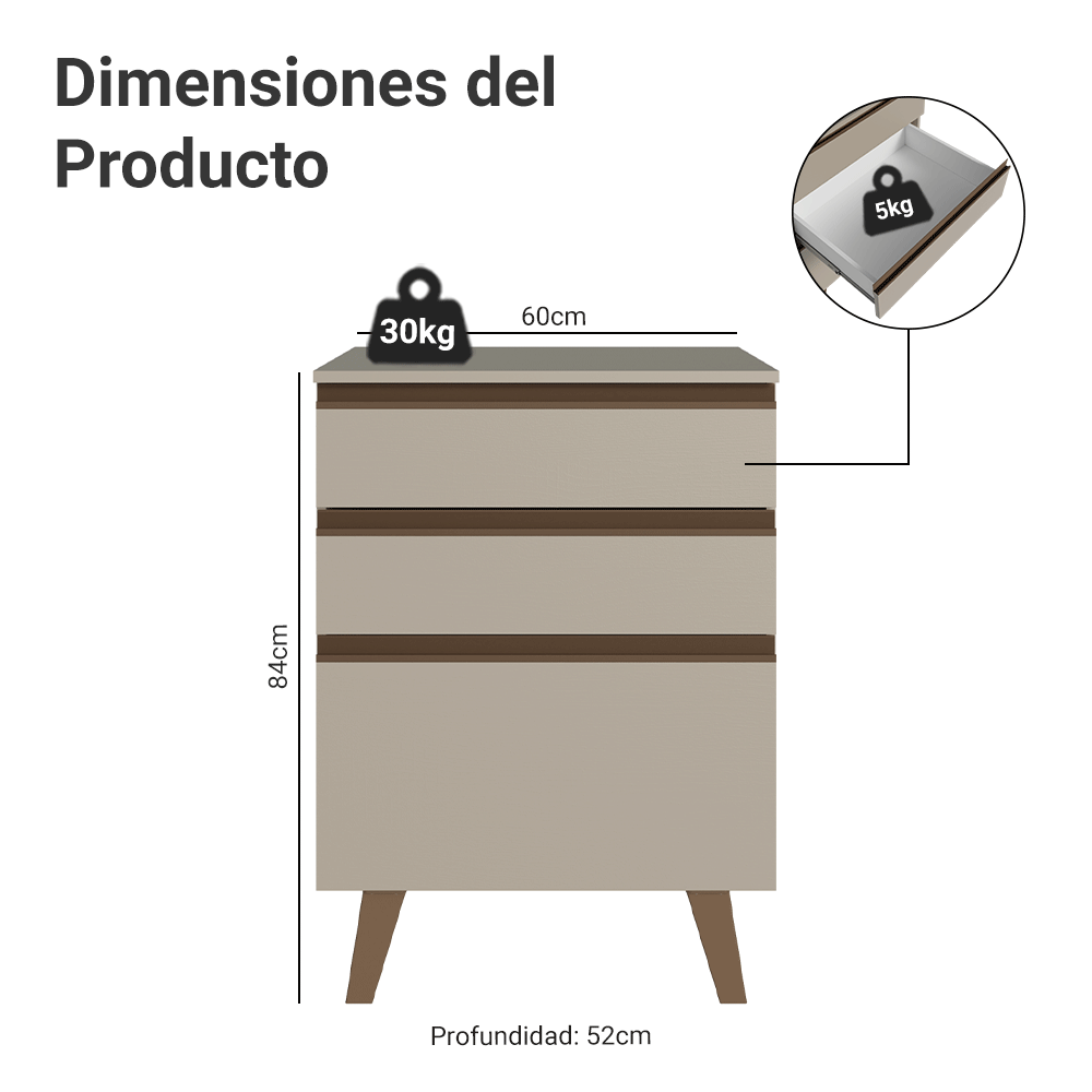 Gabinete Bajo 60 x 52 cm 3 Cajones con Patas Crema Nice Madesa