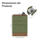 Gabinete Bajo de Cocina 60 cm 3 Cajones Marrón/Verde Vik Madesa