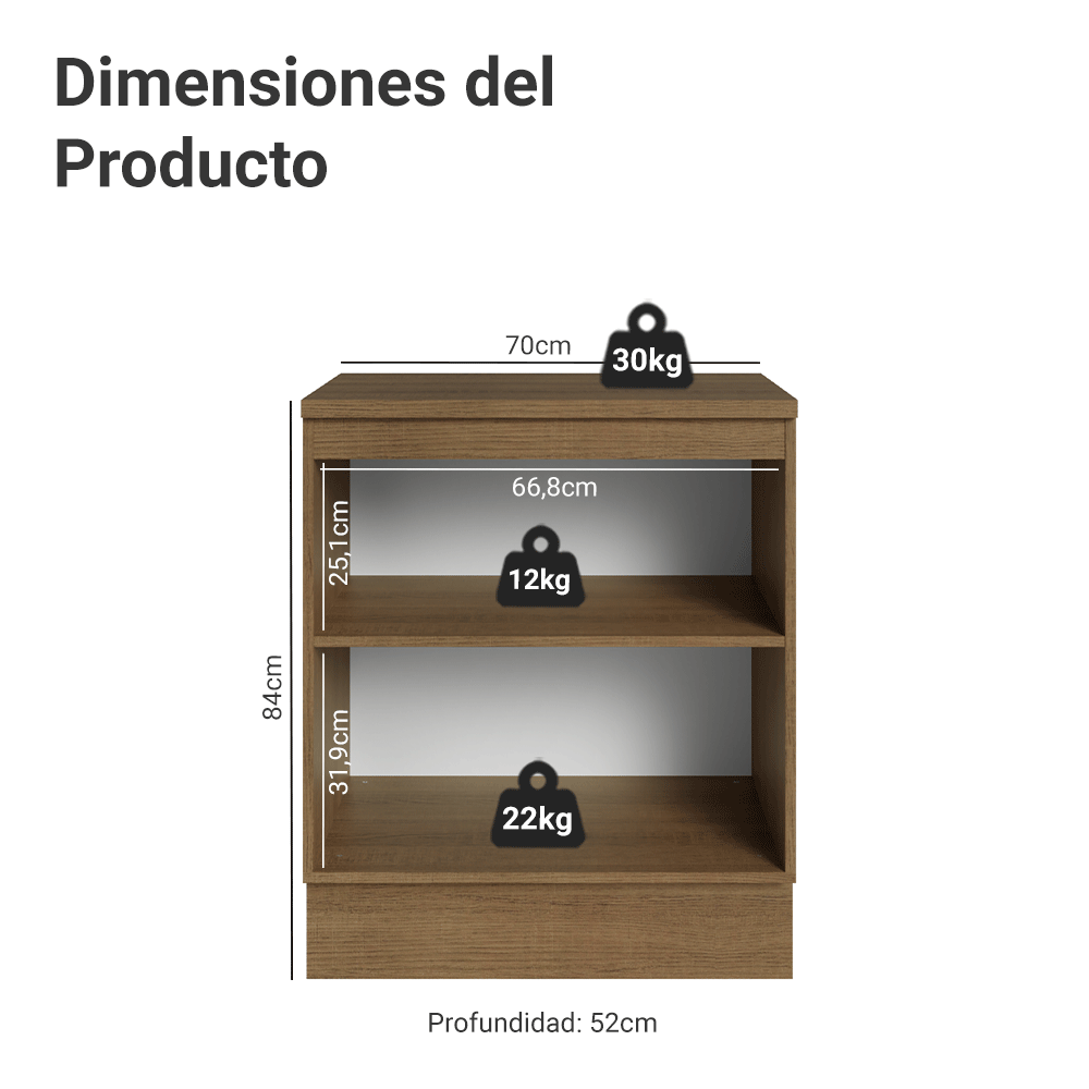 Gabinete Bajo de Cocina 70 cm 2 Puertas Marrón/Negro Lux Madesa