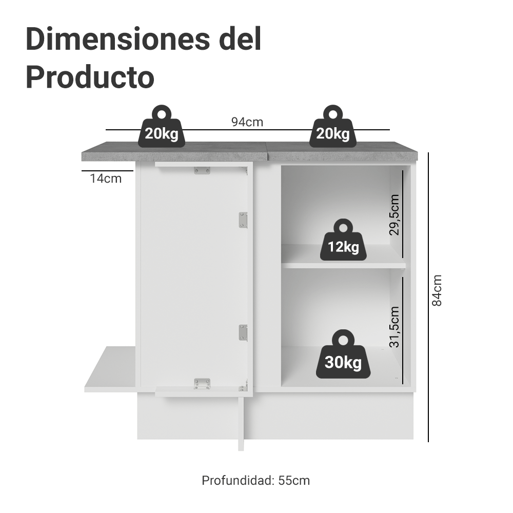 Gabinete Bajo de Esquina 1 Puerta Blanco/Gris Lux Madesa