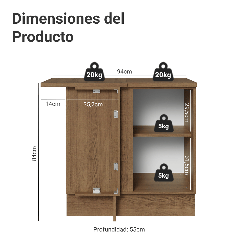 Gabinete Bajo Esquinero 1 Puerta Marrón/Gris Vik Madesa