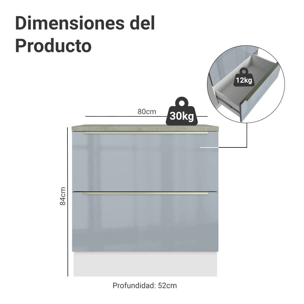 Gabinete Bajo de Cocina 80 cm 2 Cajones Blanco/Gris Lux Madesa