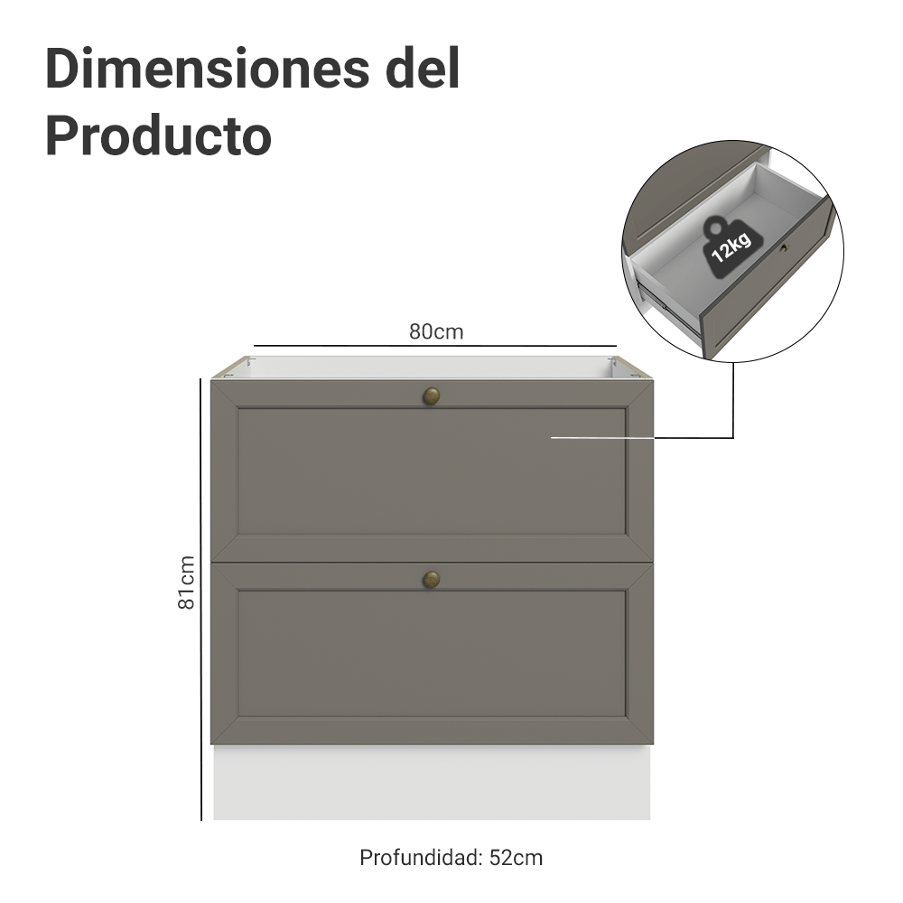 Gabinete Bajo de Cocina 80 cm 2 Cajones (Sin Encimera) Blanco/Gris Vik Madesa