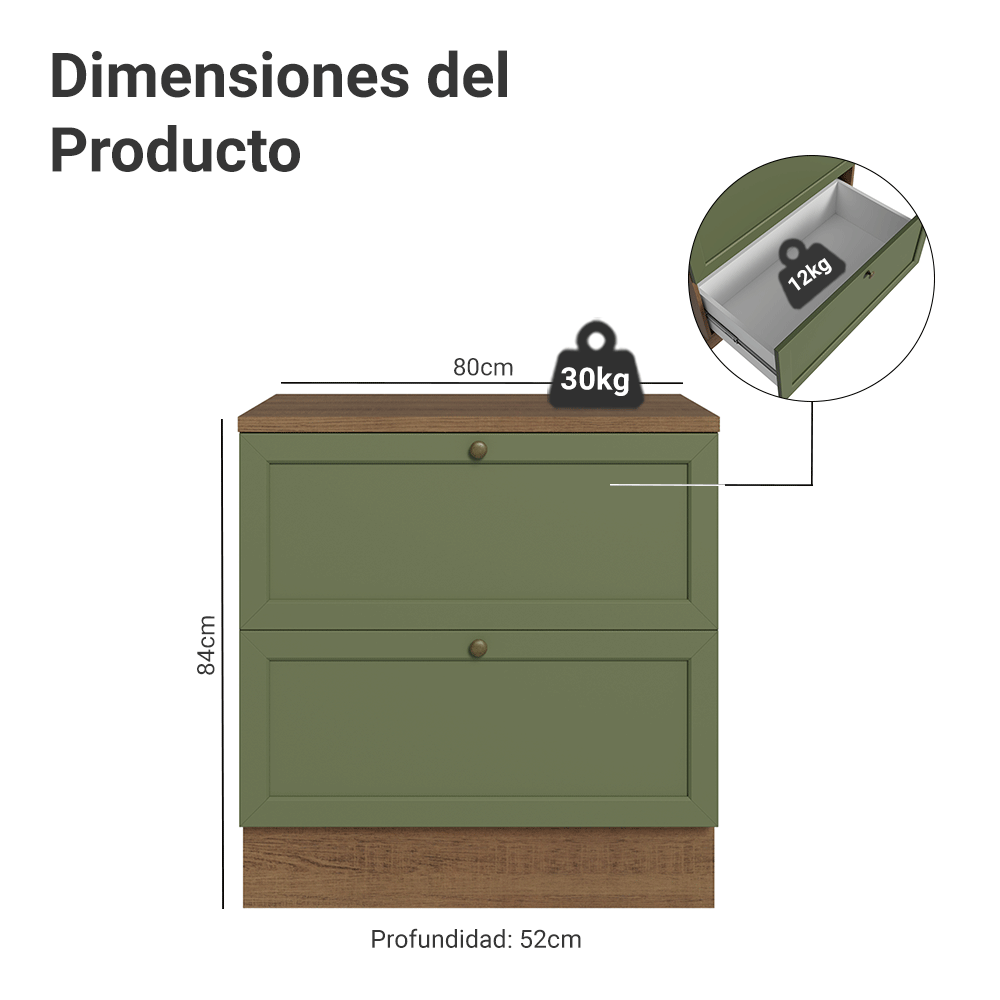 Gabinete Bajo 80 cm 2 Cajones Marrón/Verde Vik Madesa