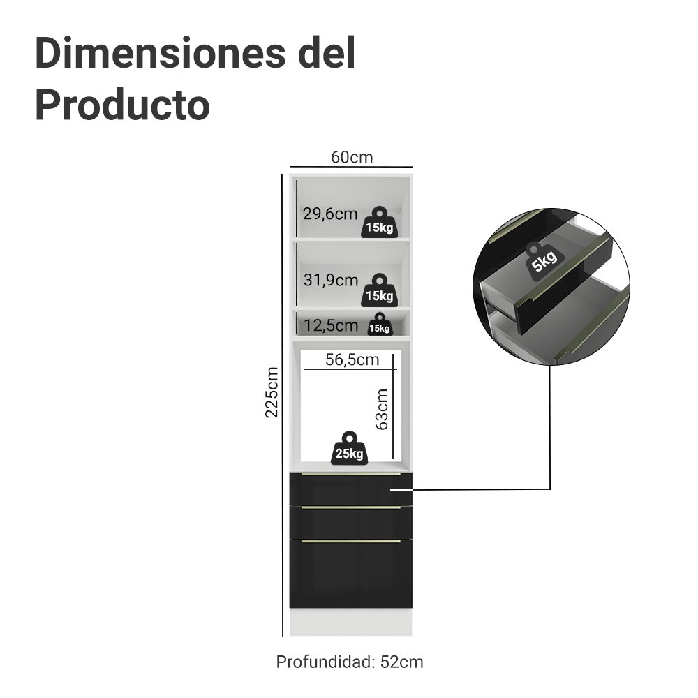 Mueble para Horno 60 cm 1 Puerta e 3 Cajones Blanco/Negro Lux Madesa