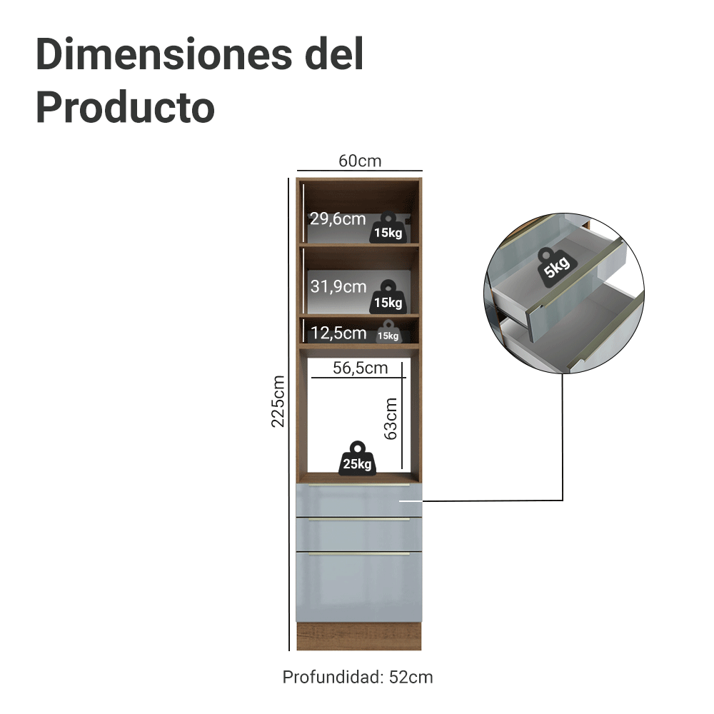 Mueble para Horno 60 cm 1 Puerta e 3 Cajones Marrón/Gris Lux Madesa