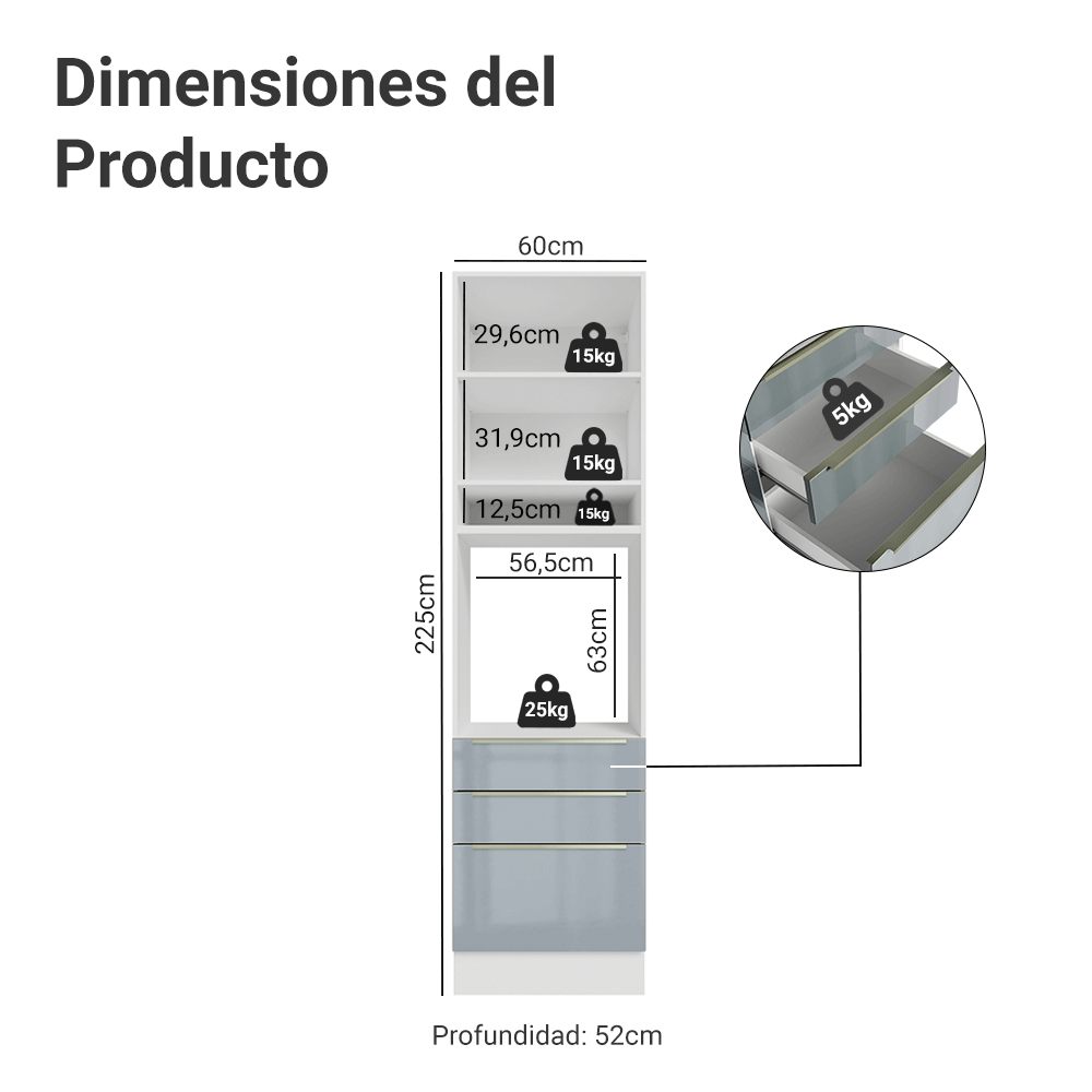 Mueble para Horno 60 cm 1 Puerta e 3 Cajones Blanco/Gris Lux Madesa