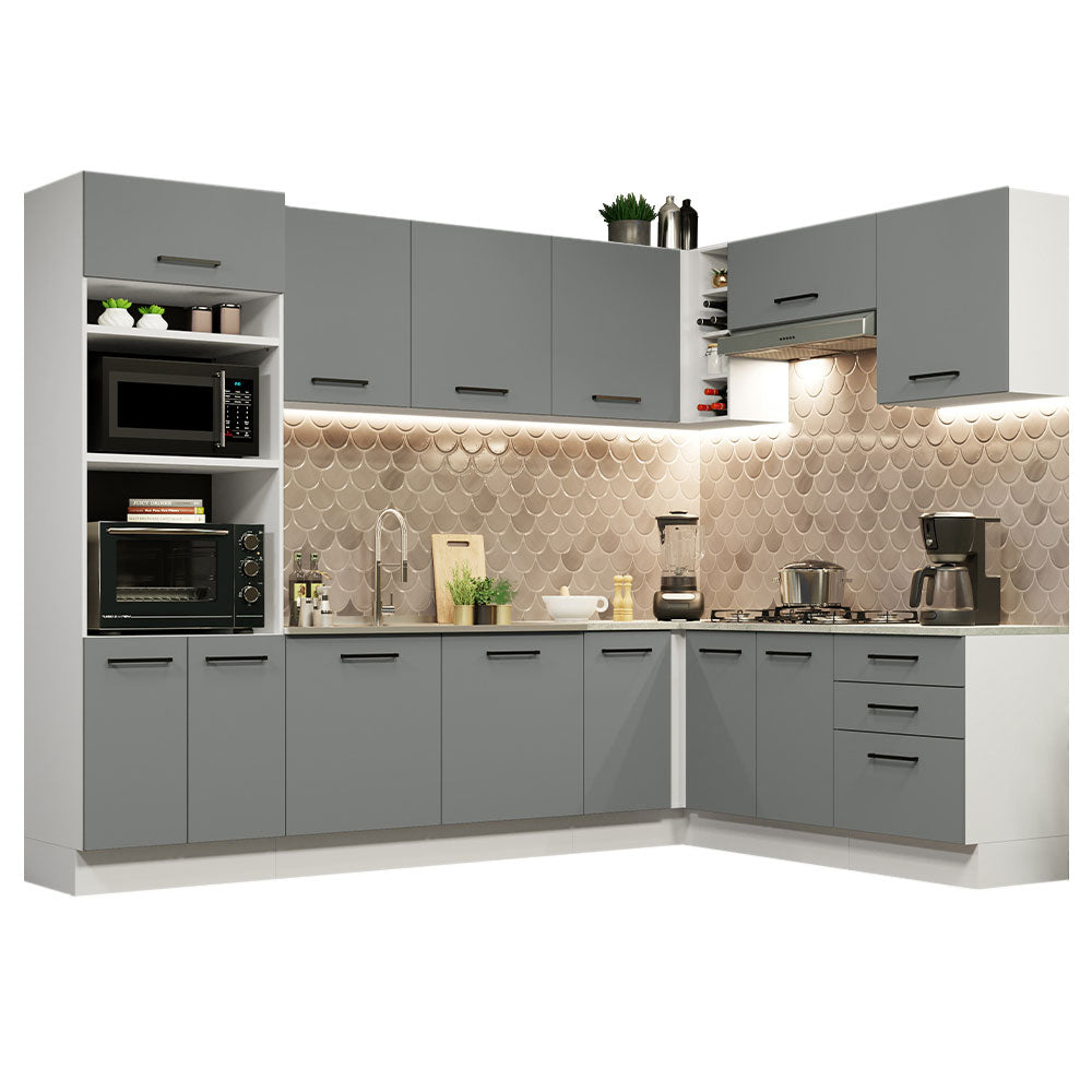Cocina Integral Esquinera 479 x 52 cm 13 Puertas 3 Cajones Blanco/Gris Agata