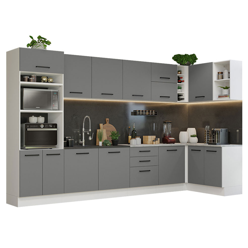 Cocina Integral Esquinera 479 x 52 cm 14 Puertas 3 Cajones Blanco/Gris Agata