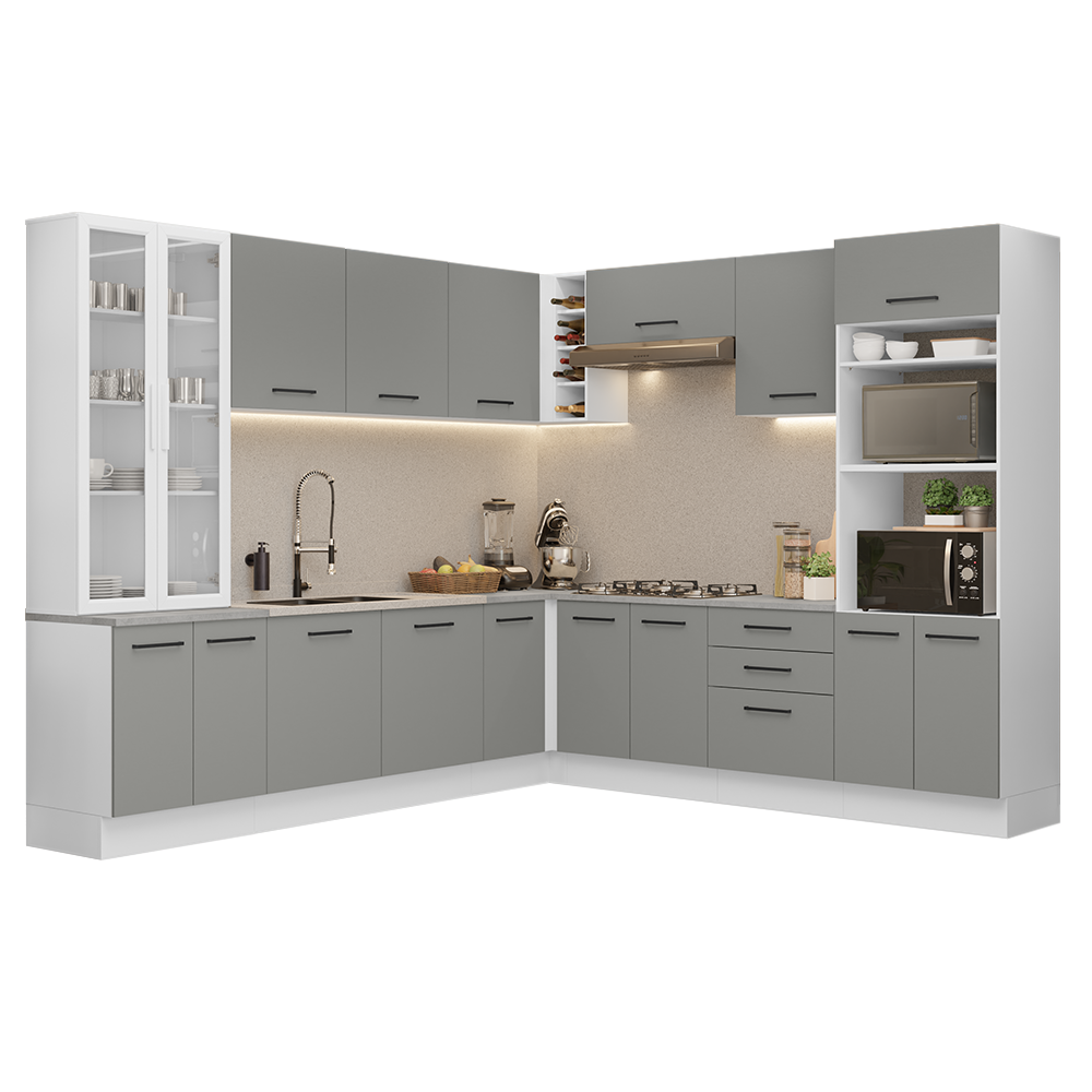 Cocina Integral Esquinera 549cm Blanco/Gris Agata 01