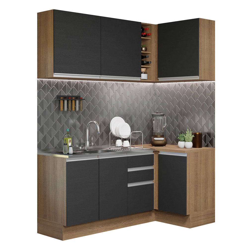Cocina Integral Esquinera 269cm Marrón/Negro Glamy 01