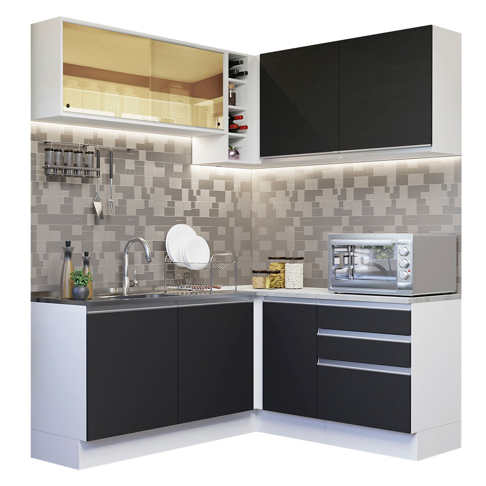 Cocina Integral Esquinera 329cm Blanco/Negro Glamy 02