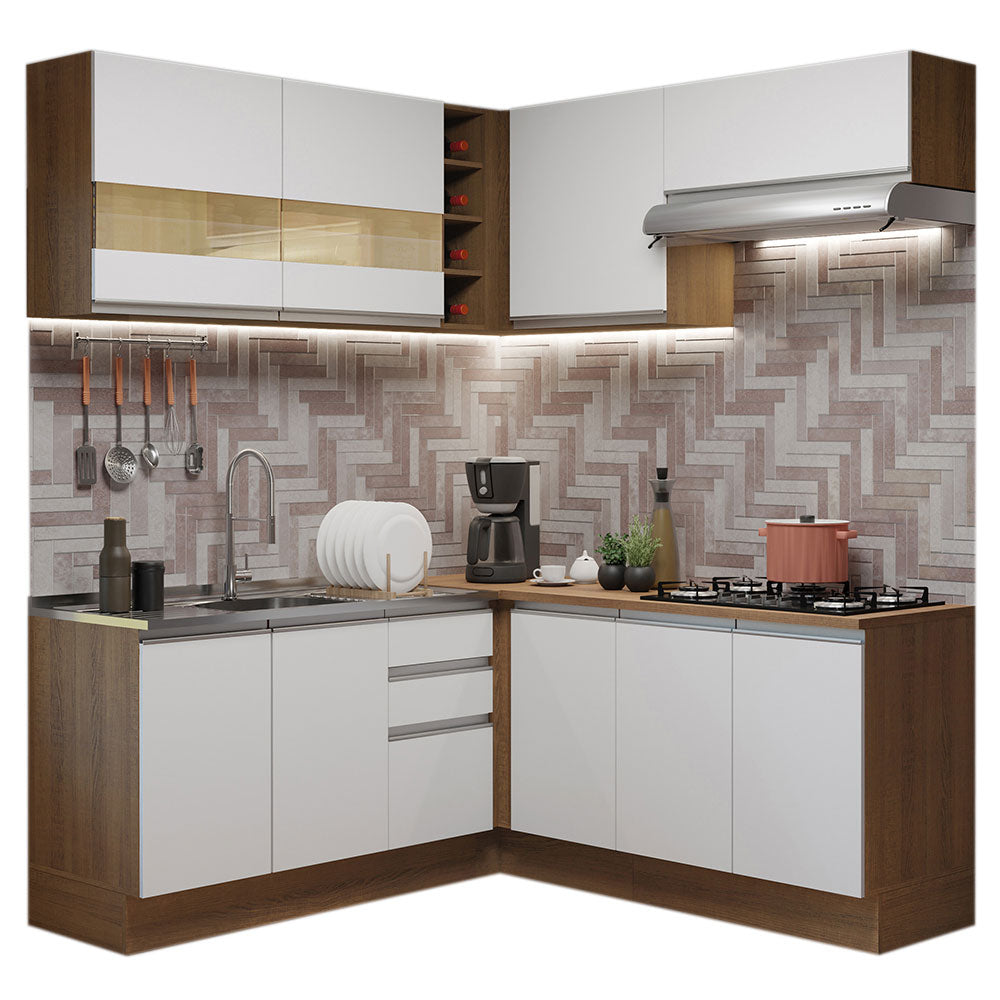 Cocina Integral Esquinera 349cm Marrón/Blanco Glamy 01