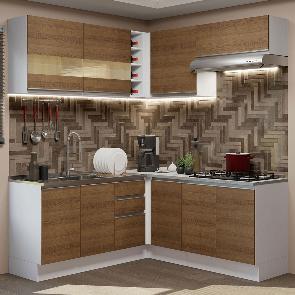 Cocina Integral Esquinera 349cm Blanco/Marrón Glamy 01