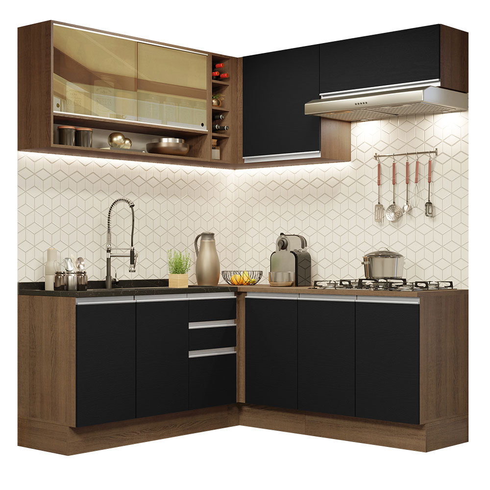 Cocina Integral Esquinera 349cm Marrón/Negro Glamy 02