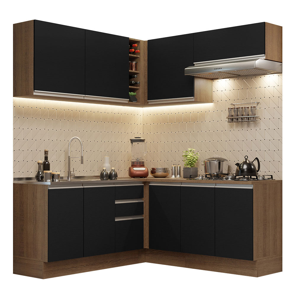 Cocina Integral Esquinera 349cm Marrón/Negro Glamy 03