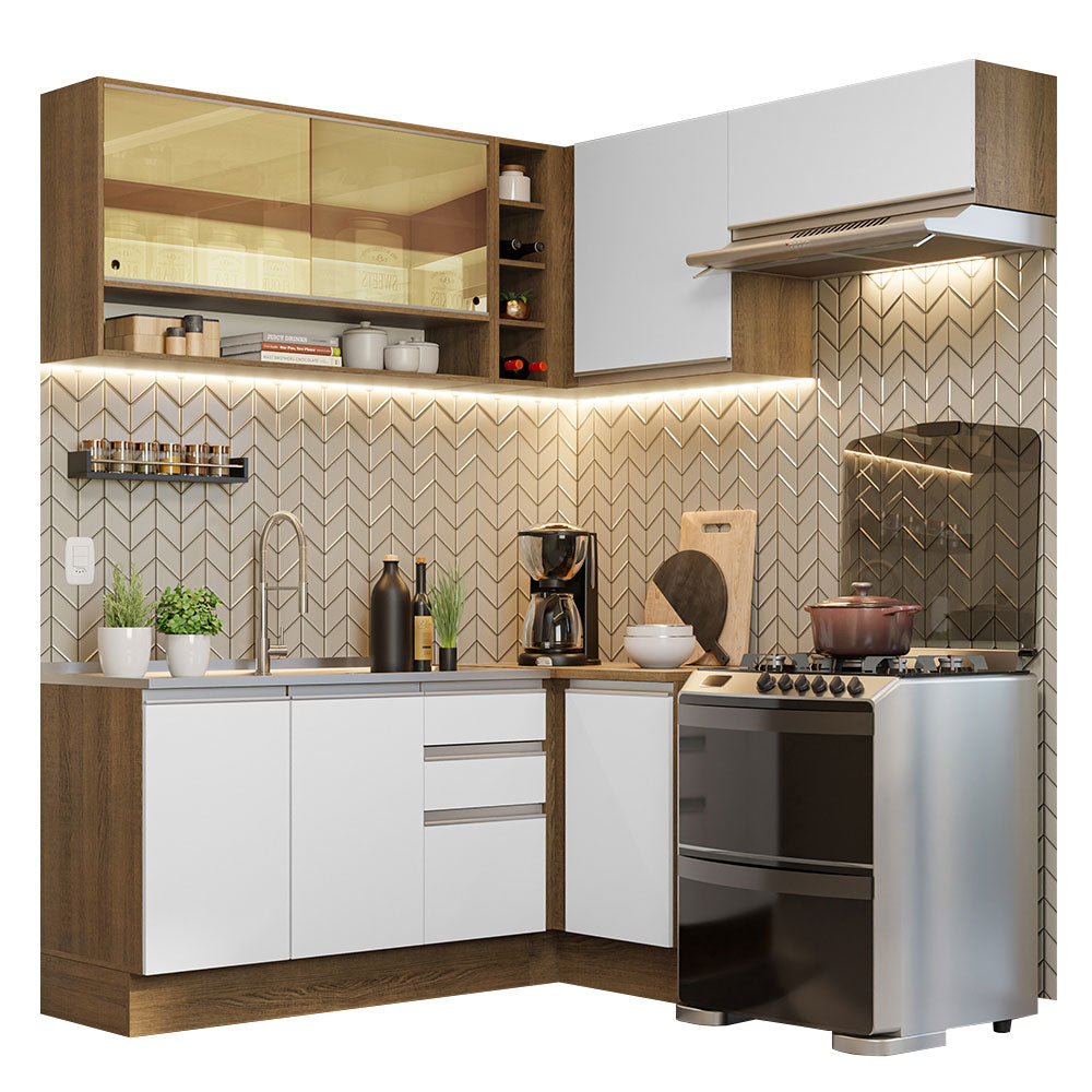 Cocina Integral Esquinera 349cm Marrón/Blanco Glamy 06