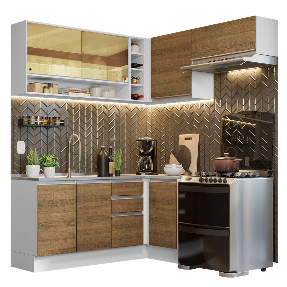Cocina Integral Esquinera 349cm Blanco/Marrón Glamy 06