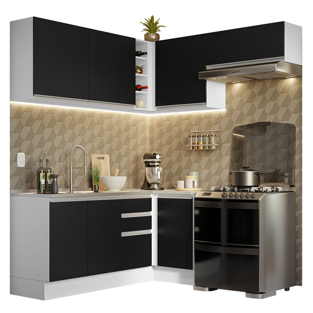 Cocina Integral Esquinera 349cm Blanco/Negro Glamy 07