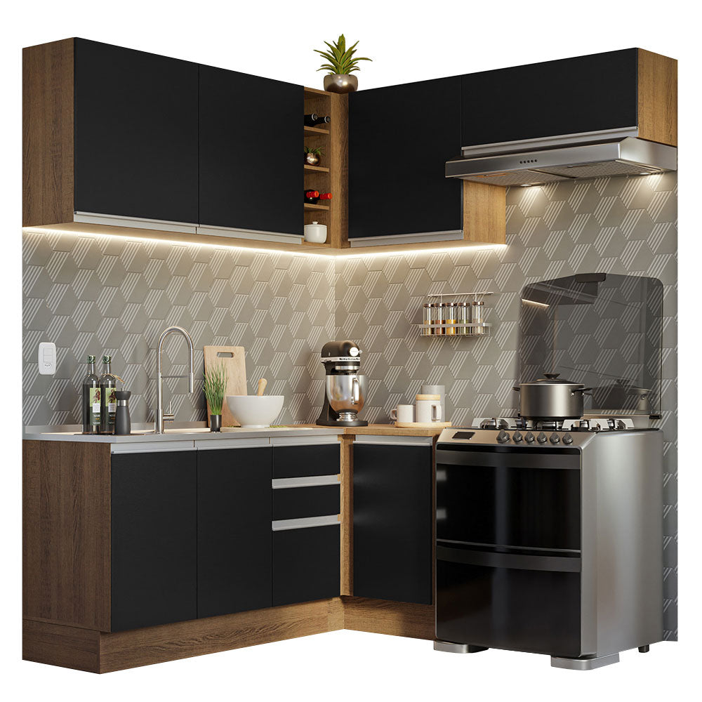 Cocina Integral Esquinera 349cm Marrón/Negro Glamy 07