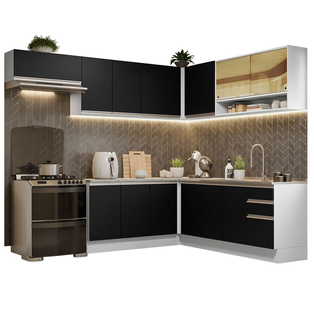 Cocina Integral Esquinera 469cm Blanco/Negro Glamy 01