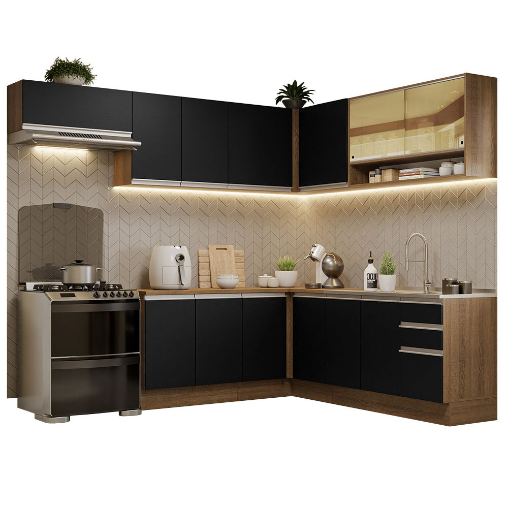 Cocina Integral Esquinera 469cm Marrón/Negro Glamy 01