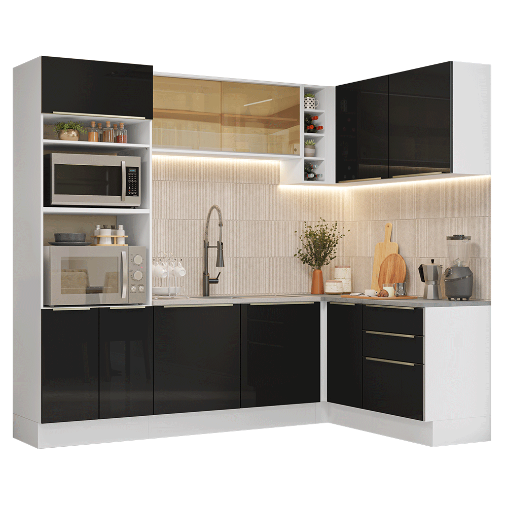 Cocina Integrale Esquinera 399 cm Blanco/Negro Lux Madesa 01