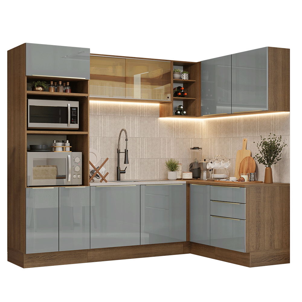Cocina Integrale Esquinera 416 x 60 cm Marrón/Gris Lux Madesa 01